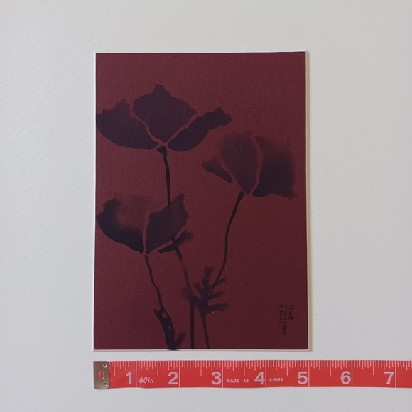 ORIGINAL ART Ink Poppies on Maroon Mat Board. 5"x7" Moody, Whimsical, Subtle - Picture 5 of 7